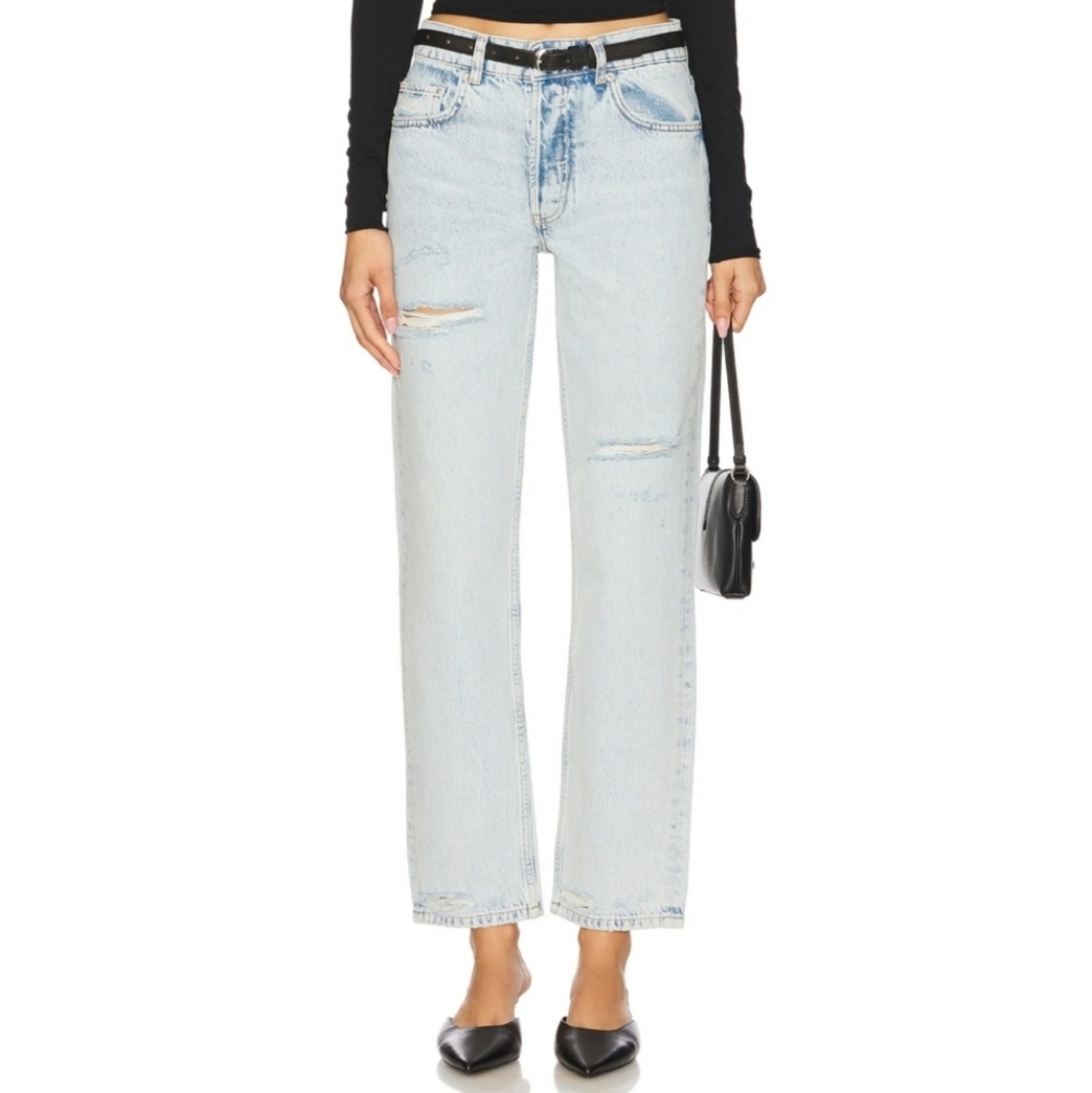 Anine Bing Kate High Rise Slim Straight Jeans In Distructed Bleached New Size 27